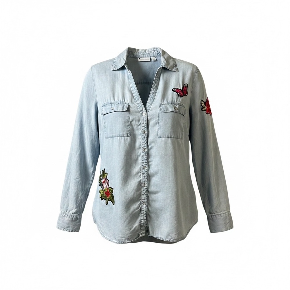 New York & Company Chambray Embroidered Floral Butterfly Button Down Shirt